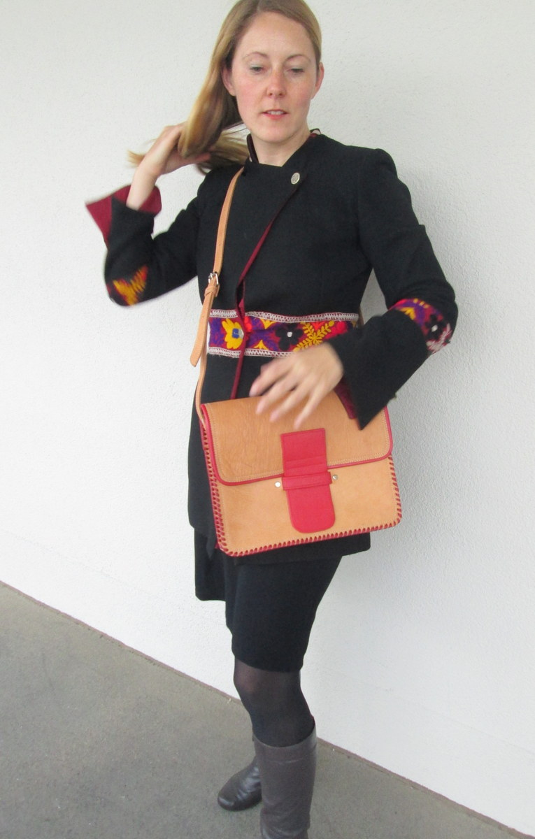 sac cuir rouge et cuir naturel