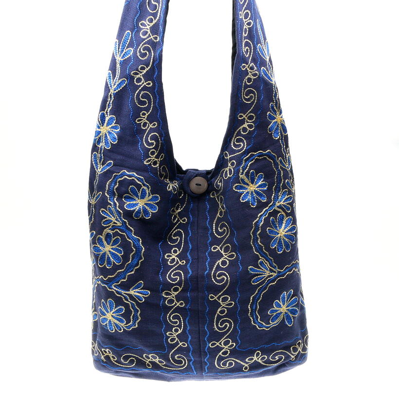 embroidered blue lama cotton bag